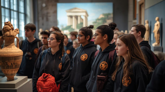 Students wearing branded hoodies during a school residential trip while visiting a museum as part of an educational group.