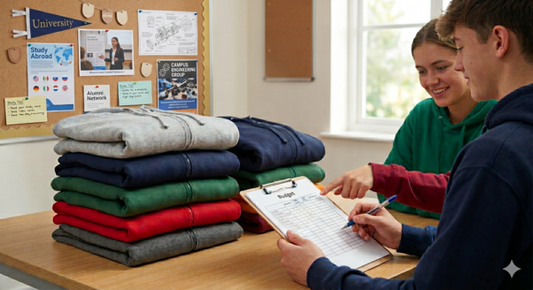 Students reviewing an order beside stacked hoodies to understand how much leavers hoodies cost per person.