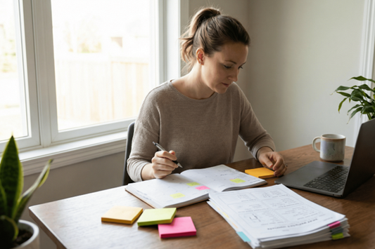 Female student sitting at a desk writing notes, representing early planning for school leavers’ hoodies 2026 orders and personalised design preparation.
