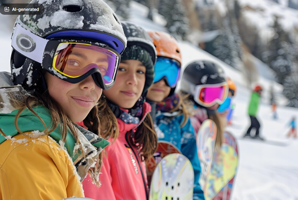 Students wearing colourful ski gear and hoodies on a school ski trip in the mountains.
