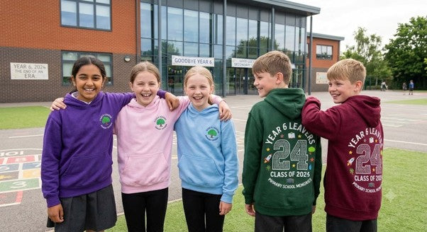 Year 6 pupils wearing personalised Year 6 leavers hoodies outside their primary school.