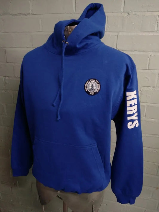 Blue hoodle with school logo embroidered