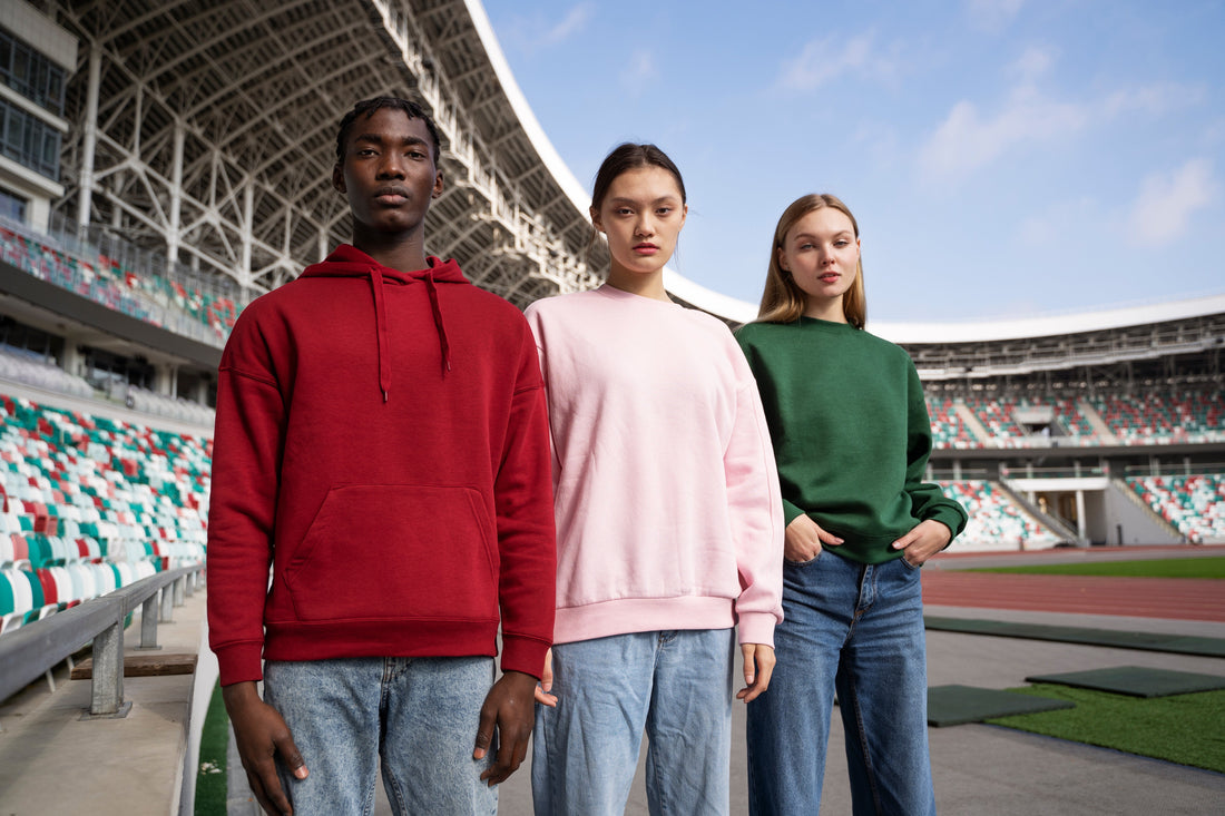Young athletes wearing custom hoodies for sports teams in a stadium, showcasing durable personalised sports club apparel.