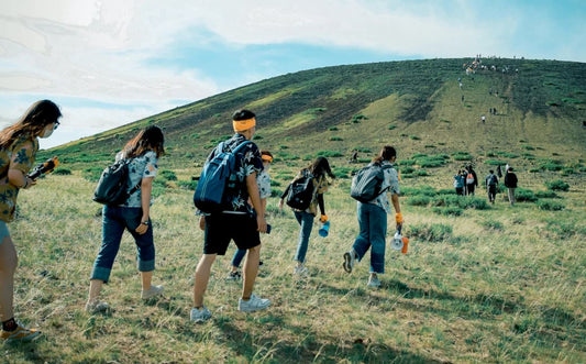 School trip walking up a hill