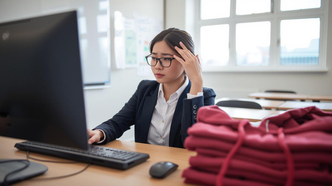 A teacher researching leavers hoodies sizes on a computer after ordering the wrong sizes.